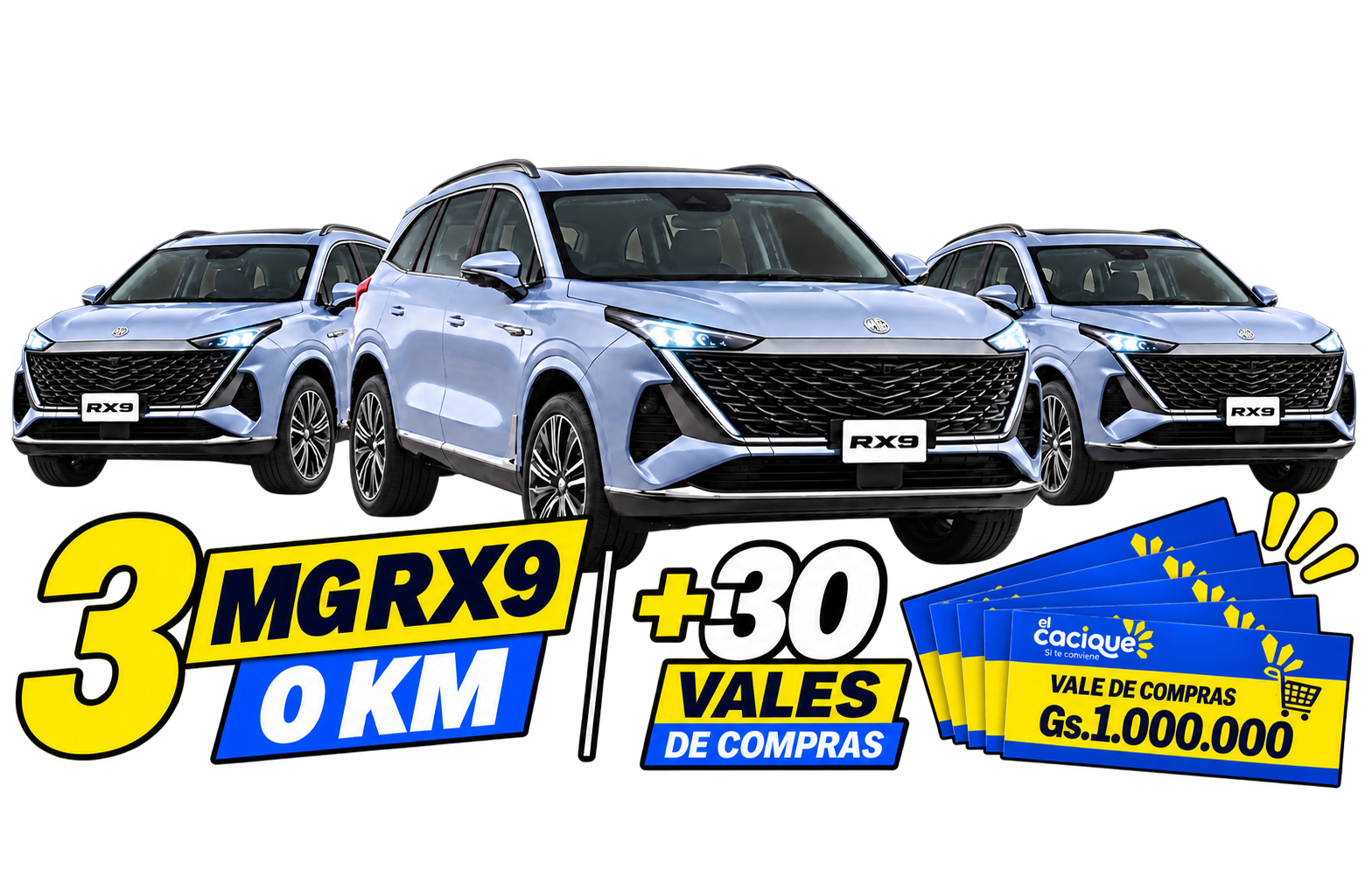 Premios: 3 MG RX9 0km y 30 vales de compras